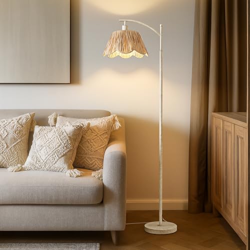 Oneach Farmhouse Floor Lamps for Living Room, Boho Floor Lamp for Bedroom with Foot Switch, Rattan Floor Lamp for Reading with Hand-Woven Shade, Antique White Metal Base & Pole - color: Washed White