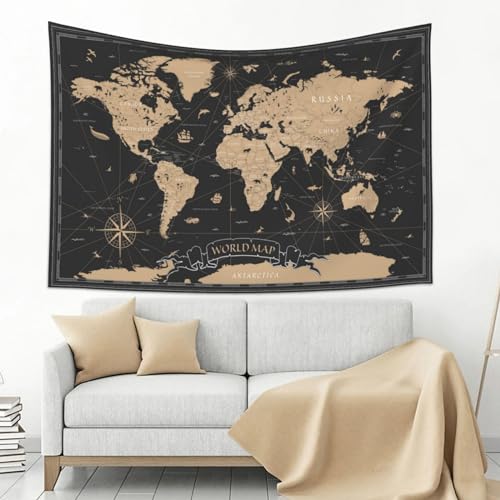 MOUNDHONG Retro World Map Black Tapestry Wall Hanging, Art Tapestry Retro Wall Art Large Wall Tapestries for Bedroom College Dorm Living Room Decor 50 x 60 in - color: World Map - 1, size: 50"L x 60"W