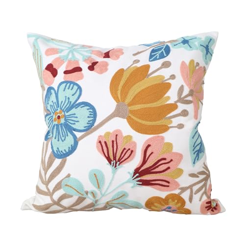 Floral Embroidery Throw Pillow Covers 18x18 Inch Colorful Flower Decorative Cushion Case with Blue and Orange Flowers 100% Cotton, Home Decor Embroidered Throw Pillow Cover 45x45cm, 1 Piece - color: Colorful Flower