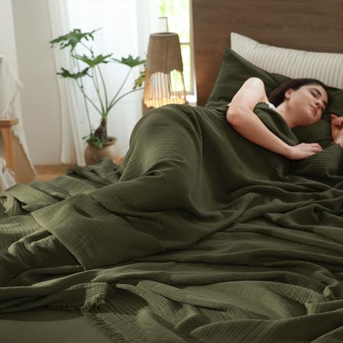 MooMee Muslin Blanket - 100% Cotton 4-Layer Gauze Throw Blanket with All-Around Fringe, Soft Breathable Lightweight Cooling Summer Blankets for Bed Couch (Olive Green,Oversize Queen 98" x 98") - color: Olive Green, size: Oversize Queen