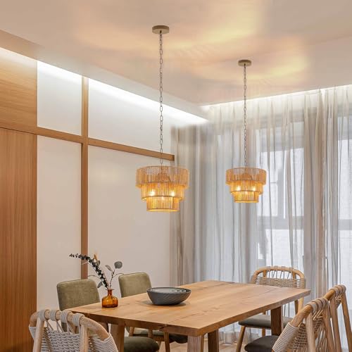 Rattan Pendant Light Fixtures,11.8" Boho Hanging Lamp for Kitchen Island,3-Light Hand-Woven Chandelier Height Adjustable,Natural Wicker Lamps for Dining Room Living Room Bedroom Hallway Entryway,Brown - color: 11.8" Brown
