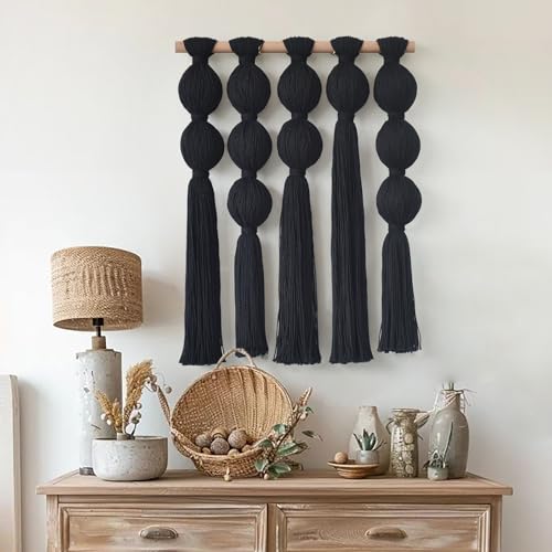 Jakalin Macrame Wall Hanging Black Boho Wall Art Tassel Wall Decor Modern Fiber Wall Art for Living Room Bedroom Office - color: Black