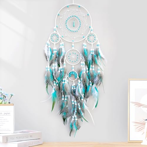 Large Dream Catchers,Boho Handmade Woven Turquoise Dream Catcher Wall Hanging Ornament for Bedroom Living Room Apartment Wedding Party Decor, Festival Blessing Gift (White+Turquoise) - color: White+turquoise