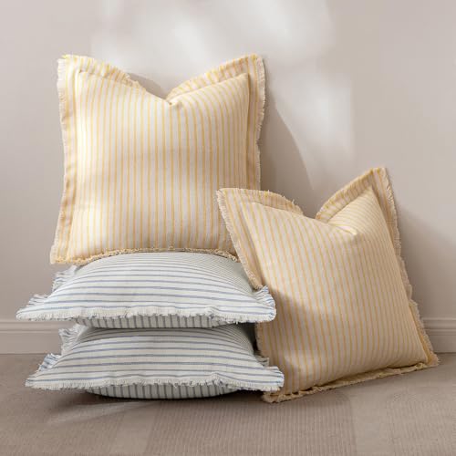 MIULEE Pack of 2 Light Blue Pillow Covers 18x18 Inch Striped Farmhouse Couch Spring Spring Throw Pillow Covers with Fringe Chic Cotton Decorative Cushion Covers for Sofa Living Room Bed Home Decor - color: Light Blue, size: 18" x 18" (Pack of 2)