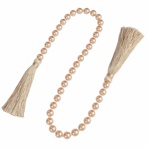 34 Inch Pearl Glass Bead Garland with Tassels - Elegant Boho Table Decor, Fringe Wall Hanging for Wedding, Party, Farmhouse Rustic Prayer Bead Home Decoration(1 Pack,Champagne Gold) - color: Champagne Gold, size: 1 Pack