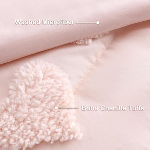 Boho Tufted Comforter Set King Size Pink Heart Tufted Textured Bedding Set 3 Pieces Farmhouse Shabby Chic Embroidery Bed Set Soft Jacquard Comforter for All Season with 2 Pillowcases - color: Pink Heart, size: King (104"x90")
