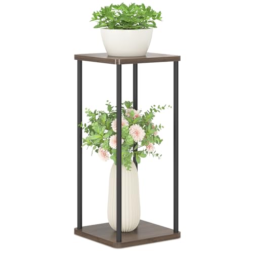 Oppro 2 Tier Plant Stand Indoor, 28In Tall Corner Vertical Wood Metal Square Shelf, Modern Black Large Planter Table Heavy Duty Flower Pot Holder Rack for Narrow House Living Room Floor Orchid, Oak - color: Oak-2 Tier