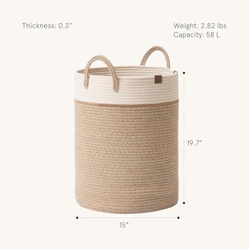 LA JOLIE MUSE Woven Basket Rope Storage Baskets - Tall Cotton Basket, Laundry Basket for Blanket, Kids Toy, Nursery Clothes Hamper Basket-L - color: White & Desert, size: L