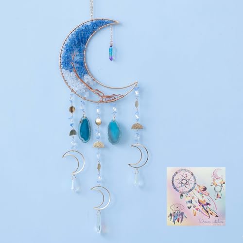 Agate Moon Dream Catchers with Crystal 7 Chakra Gemstone Dream Catchers Color Natural Gem Agate Wall Hangings Room Garden Dreamcatchers Decor (Blue) - color: Blue