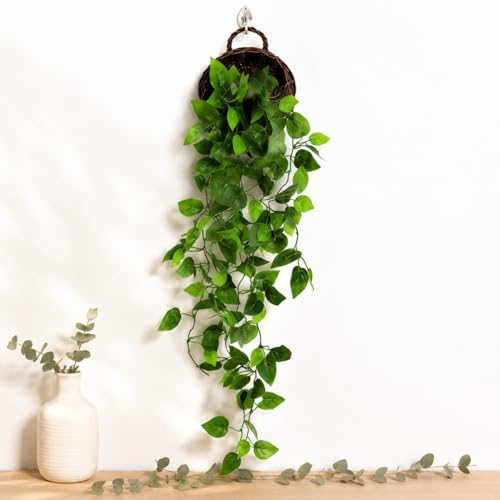 ANZOME Artificial Hanging Plant with Woven Wicker Basket, 3.5ft Faux Ivy Vine, Renter-Friendly No-Drill Wall Decor for Living Room Bedroom, Hooks & Everything Included (Minimal Odor, Pet-Friendly) - color: Dark Brown+chain Ivy