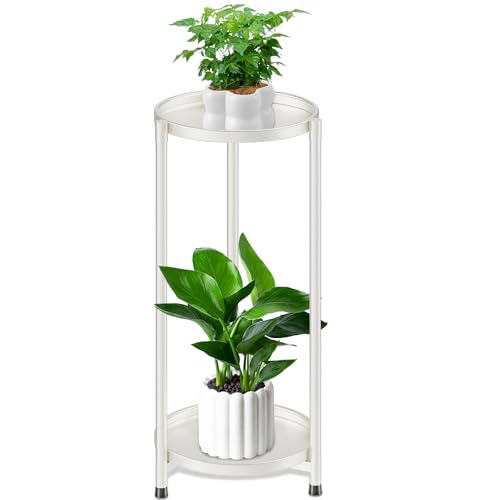 2 Tier Metal Plant Stand Rack Indoor Outdoor Flower Pot Shelf, 26.7in Tall Rustproof Round Planter Display Storage Rack, Heavy Duty Potted Holder for Home Garden Patio Bathroom Living Room (white) - color: 2 Tier white