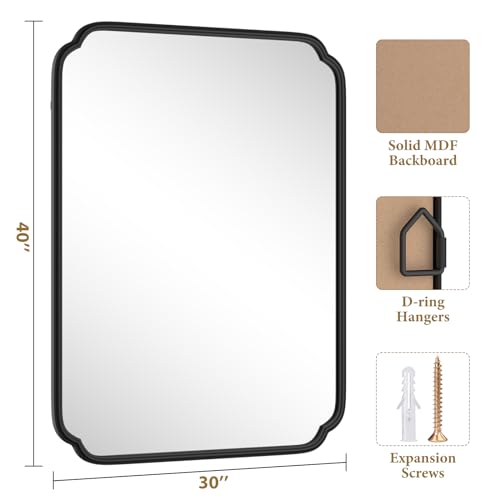 Ferytange Matte Black Bathroom Vanity Mirror for Over Sink 30" x 40" Modern Rounded Corner Rectangle Wall Mirror Decorative with Non-Rusting Iron Metal Framed (Horizontal/Vertical) - color: Black, size: 40"L x 30"W