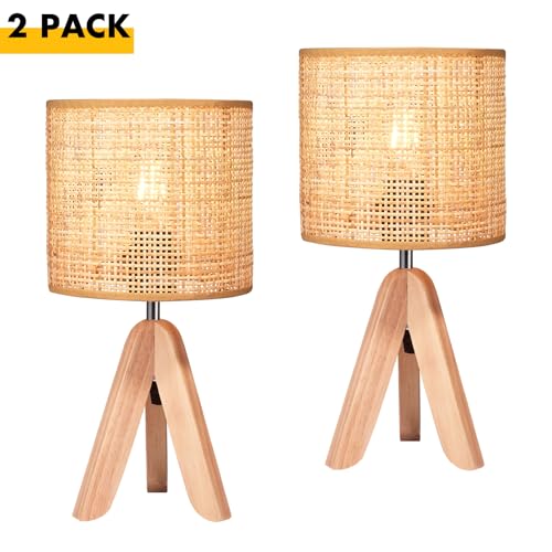 Hamilyeah Tripod Lamps for Night Stands Set of 2, Boho Bedside Lamps with Wicker Shade, Woven Table Lamps for Living Room with On/Off Switch, Wood Desk Lamps for Bedroom - color: Wood Wicker 2 PACK