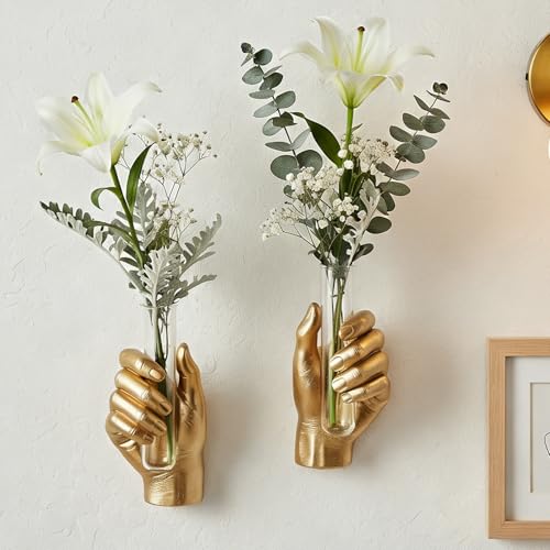 2Pcs Wall Hand Vase,Vintage Art Decor,Life-Size Hand Sculpture with Glass Test Tube Vase,Unique Wall Art Statue for Indoor or Outdoor,Maximalist Boho Whimsical Decor,for Women (2, Gold) - color: Gold