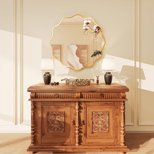 Kelly Miller 28 Inch Gold Round Wavy Mirror, Large Scalloped Edge Decorative Wall Mirror for Bathroom Bedroom Living Room Entryway Vanity Fireplace - size: 28"L x 28"W