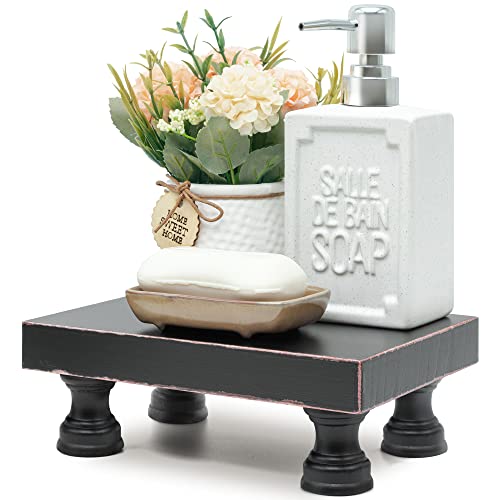 EOSAHR Modern Pedestal Stand for Kitchen Decor : Decorative Wood Riser for Display and Farmhouse Soap Dispenser Tray and Sponge Holder - Retro Countertop Organizer for Counter and Sink (Black) - color: Black - Paulownia Wood