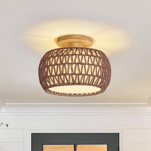 Boho Rattan Ceiling Light Fixture - 3 Style Options Wicker Semi Flush Mount Ceiling Lights,Brown Coastal Light Fixtures,Bohemian Woven Basket Chandelier for Hallway Bedroom Nursery Kitchen Laundry - color: Brown