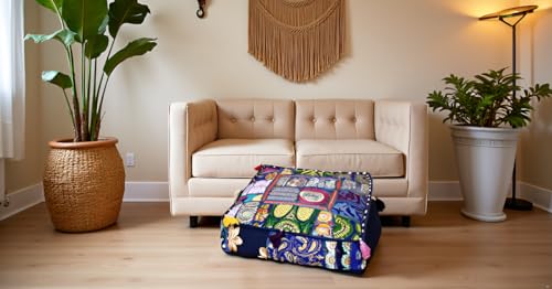 CRAFT KALA Indian Square Patchwork Traditional Pouf Cover Indian Living Room Poufs Decorative Embroidered Designer Ottoman Home Living Footstool Chair Cover Decor Pillow Cover 18x18x5 inches, Blue - color: Blue, size: 18"D x 18"W x 5"H