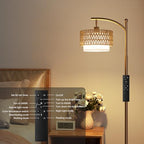 Ambimall Arc Floor Lamp for Living Room with Remote, Color Temperature & Brightness Adjustable, Boho Standing Lamp with Rattan & Fabric Double Drum Shades, Bulb Included(Brown) - color: Brown Rustic