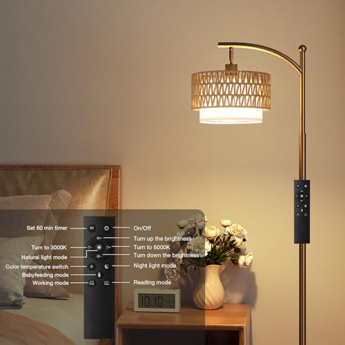 Ambimall Arc Floor Lamp for Living Room with Remote, Color Temperature & Brightness Adjustable, Boho Standing Lamp with Rattan & Fabric Double Drum Shades, Bulb Included(Brown) - color: Brown Rustic