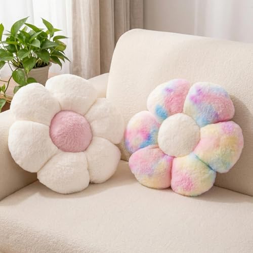 2pcs Flower Floor Pillow, Daisy Flower Shaped Pillows Set, Cute Preppy Room Decor Decorative Throw Pillows Cushions for Girls Bedroom Bed Couch Decor (White & Multicolour Pink, 15 INCH) - color: White & Multicolour Pink