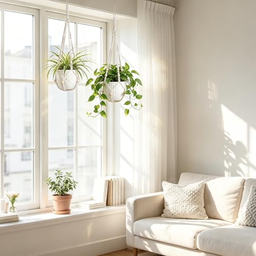 Mkono Macrame Plant Hanger Indoor 29 Inch Hanging Planter Basket with Wood Beads Decorative Flower Pot Holder No Tassels for Indoor Outdoor Boho Home Decor (POTS NOT Included) (2, Ivory)