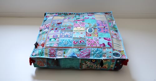 CRAFT KALA Indian Square Patchwork Traditional Pouf Cover Indian Living Room Poufs Decorative Embroidered Designer Ottoman Home Living Footstool Chair Cover Decor Pillow Cover 35 inches, Sky Blue - color: Sky Blue, size: 35"D x 35"W x 5"H