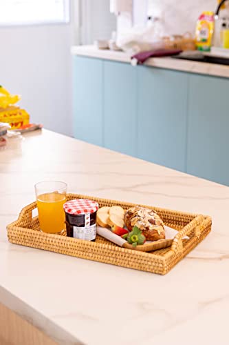 Rattan Serving Tray, Rectangular Woven Tray, Natural Wicker Decorative Serving Baskets for Organizing Tabletop Bathroom Kitchen Counter (Rattan with Handles) - color: With Handles (14.6'' X 10 '')