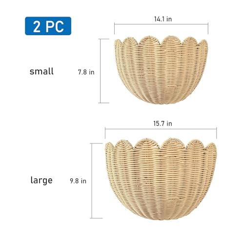 Set of 2 Scalloped Hanging Wicker Baskets for Wall, Scalloped Home Decor, Hanging Woven Rattan Wall Basket for Flowers Front Door Bathroom Storage (Imitation Rattan) - color: Beige, size: S+M