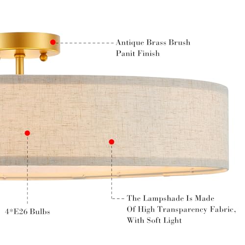 VILUXY Gold Semi-Flush Mount Ceiling Light Fixture 24" Large Modern Ceiling Light with Linen Fabric Drum Shade 5-Light Round Ceiling Lamp for Bedroom Dining Room Entryway - color: Gold&Linen