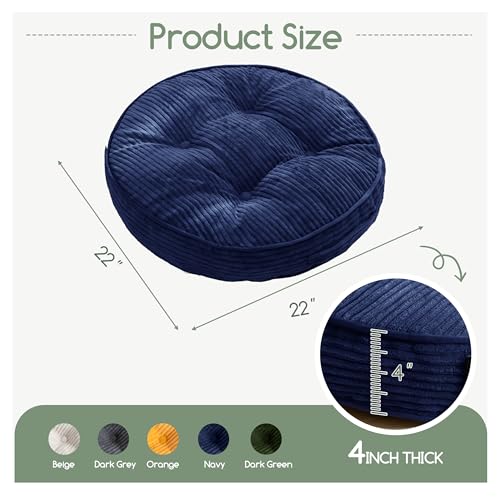 HIGOGOGO Floor Pillow Cushion for Adults, Meditation Cushion Pillow, Large Round Floor Sitting, Tufted Corduroy Cover, for Tatami Living Room or Yoga, 22x22 Inch, 2Pack, Navy - color: Round Navy, size: 4" Thick(Pack of 2)
