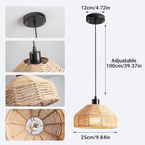 Battery Operated Pendant Light with Remote,Battery Hanging Light Rattan Woven Chandelier No Wiring Needed,Rechargeable Light Bulb 50+Hours Continue Use,Perfect for Kitchen Islands Ceiling Lighting - color: Brown-A