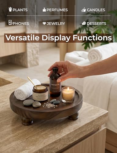 Demigo 10" Acacia Wood Round Tray - Dark Brown Pedestal Stand - Farmhouse Countertop Organizer, Multi-Purpose Display Riser Board for Soap, Perfume, Candles, Kitchen, Bathroom (10x2.5 Inch) - color: Dark Brown