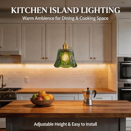 Green Wind Chime Glass Pendant Light, 2 Natural Light Bulbs Included, Adjustable Cord with Switch, Hanging Lamp for Kitchen Island/Dining Room - color: Green 2pcs Flower Pendant Light