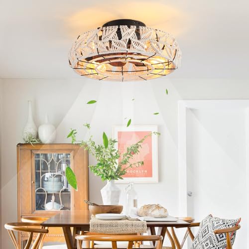 Boho Caged Ceiling Fans with Lights and Remote 20" Flush Mount 6-Speed Reversible Enclosed Low Profile Handmade Cotton Rope Ceiling Fan with Light 4 Bulbs,for Bedroom, Living Room, Kitchen - color: Cream Leaves