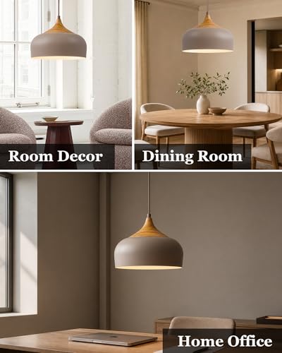 ELYONA 12 Inch Japandi Pendant Light, Farmhouse Pendant Light Fixture with Faux Pine Wood Grain Metal Shade, Adjustable Hanging Light for Kitchen Island Dining Room Bedroom Sloped Ceiling, Dark Brown - color: Dark Brown
