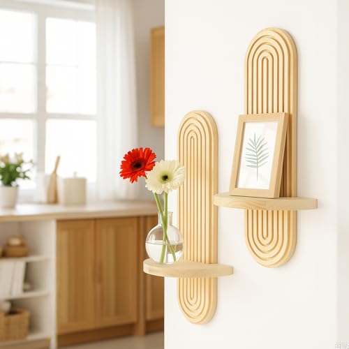 Artilady 2 Pack Boho Shelf Wall Decor - Handmade Solid Wood Floating Shelves Rainbow Arch Trinket Storage Rack Wall Decor for Bedroom Living Room Nursery Bathroom - color: 1 Beige