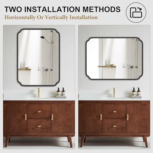 Ferytange Matte Black Bathroom Vanity Mirror for Over Sink 30" x 40" Modern Rounded Corner Rectangle Wall Mirror Decorative with Non-Rusting Iron Metal Framed (Horizontal/Vertical) - color: Black, size: 40"L x 30"W