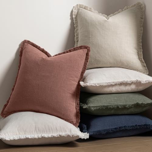 MIULEE Decorative Throw Pillow Covers Neutral Linen Fringe Throw Pillows Set of 2 Autumn Glaze Boho Farmhouse Cushion Covers with Tassels for Couch Sofa Bed Living Room Spring Decor 18x18 Inch - color: Autumn Glaze, size: 18" x 18" (Pack of 2)