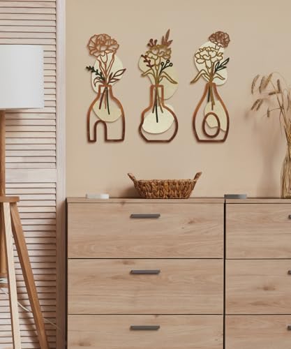 Putuo Decor Wood Flowers Wall Decor Set of 3, Rustic Farmhouse Neutral Wall Hanging, MDF Vase Panels Wall Sculptures, Minimalist Flower Wall Art for Living Room Bedroom Entryway, Orange - color: Orange