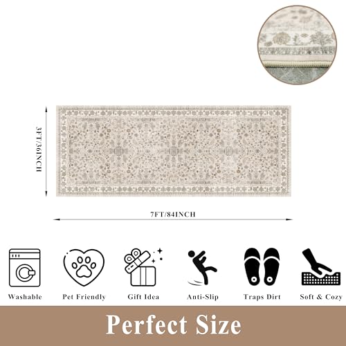 3x7 Washable Non-Slip Kitchen Runner Rug – Soft Low-Pile Stain-Resistant Carpet for Hallway Entryway Bedroom Laundry Room Bathroom – Boho Floral Wide Floor Runner with Rubber Backing (Beige,3x7) - color: Beige, size: 3' x 7' (Rectangular)