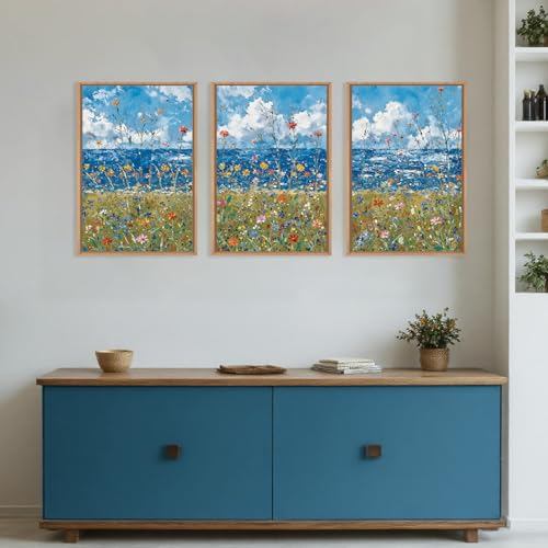 BICERE Large Blue Seaside Wildflower Framed Canvas Wall Art,Modern Nature Ocean Wall Decor,Rustic Sky Printing,White Cloud Landscape Artwork for Living Room,Bedroom,Dining Room-24"x36"x3 - color: Seaside Flowers Wall Art, size: 36"L x 24"W