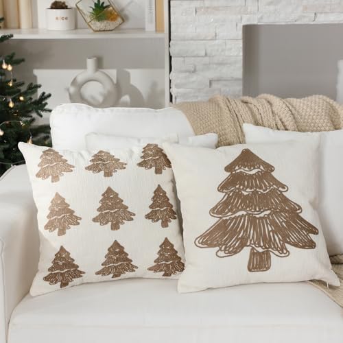 SmoothNovelty Tufted Cream Christmas Tree Pillow Covers Set of 2, 18x18 Inch Neutral Winter Throw Cushion Cases for Cozy Farmhouse Holiday Home Decor