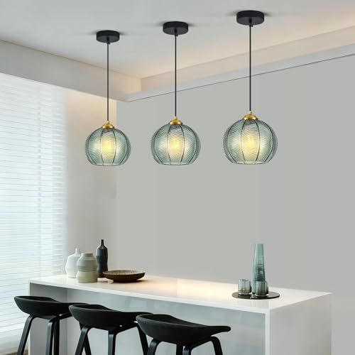 Mikeru 3-Pack Mint Glass Pendant Lights Kitchen Island Lighting Single Globe Pendant Light Fixtures Century Modern Kitchen Island Pendant Lighting for Bedroom Living Dining Room Light (Without Bulbs) - color: Mint-1 Light-3PC