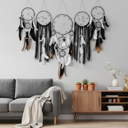 5 Pack Dream Catchers Boho Wall Decor Moon and Sun Feather Handmade Traditional Dream Catcher Wall Hanging Decor for Bedroom Living Room Home Halloween Decorations Witchy Gifts (Black Set) - color: Black