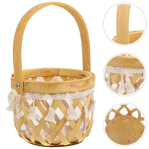 TOYANDONA Woven Flower Display Basket with Handle, Handcrafted Hollow Round Wood Strip Planter for Indoor Plant Pots and Decorative Storage in Pastoral Style