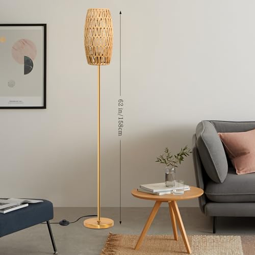 Ruiever Floor Lamp for Living Room,Farmhouse Floor lamp,Modern Standing lamp with Hand-Worked Rattan Shade (Drum Rattan Shade Body Gold Color-3 Color Bulb) - style: Drum Rattan Shade Body Gold Color-3 Color Bulb