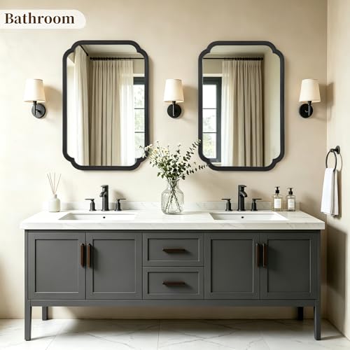 HOMECOOKIN Wood Bathroom Mirror for Wall Decor Arched Rounded Corner Rustic Wood Frame Wall Mirror Home Decorative for Vanity, Living Room, Bedroom, Entryway (24 x 36 inch, Black) - color: Black, size: 36"L x 24"W