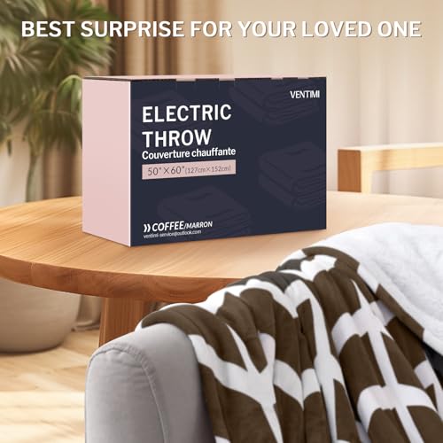 VENTIMI Electric Blanket Heated Throw, 50" x 60" Heated Blanket with 5 Heat Levels & 3 Hours Auto Off, Fast Heating Blanket with ETL & FCC Certification, Coffee - color: Coffee, size: Throw