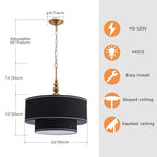 Shrine Lighting Double Drum Chandeliers, Farmhouse Style, Perfect Drum Pendant Light for Dining Room, D20'' x H10'', Adjustable Chains 55'', E12*4 Sockets, Black Linen Fabric Lampshade & Gold Rod - color: Black&Double D20''